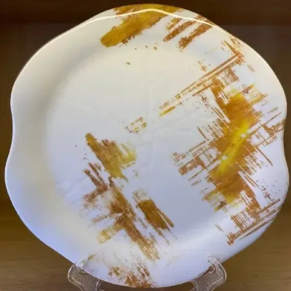 White Dinner Plate with Gold Brush Design