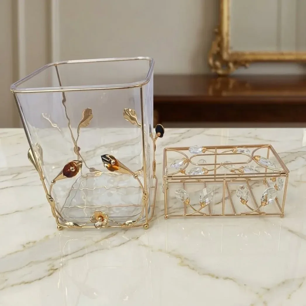 Gold Waste Bin and Tissue Box Set