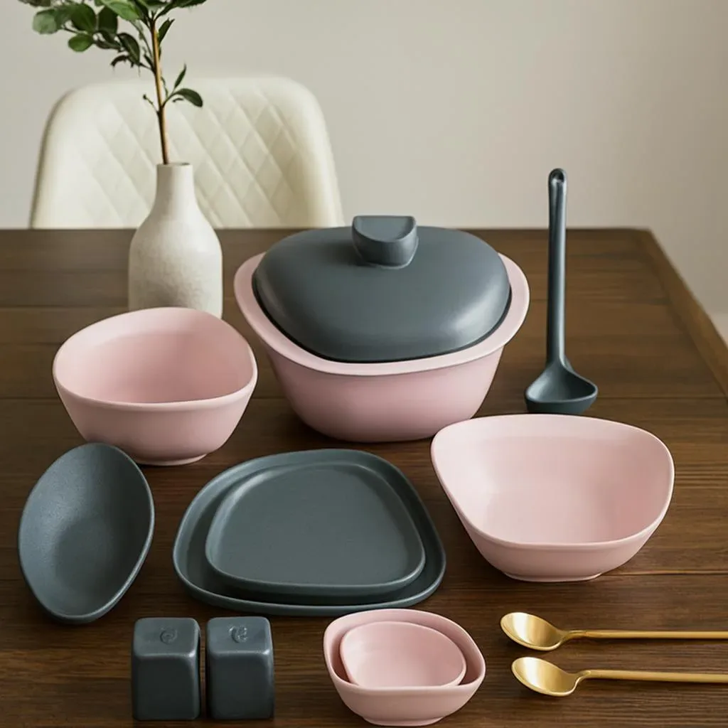 Pink and Grey Dinnerware Serving Set