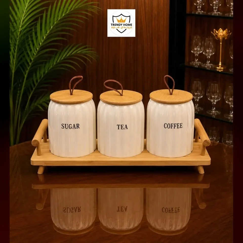 Ceramic Sugar Tea Coffee Canister Set with Tray