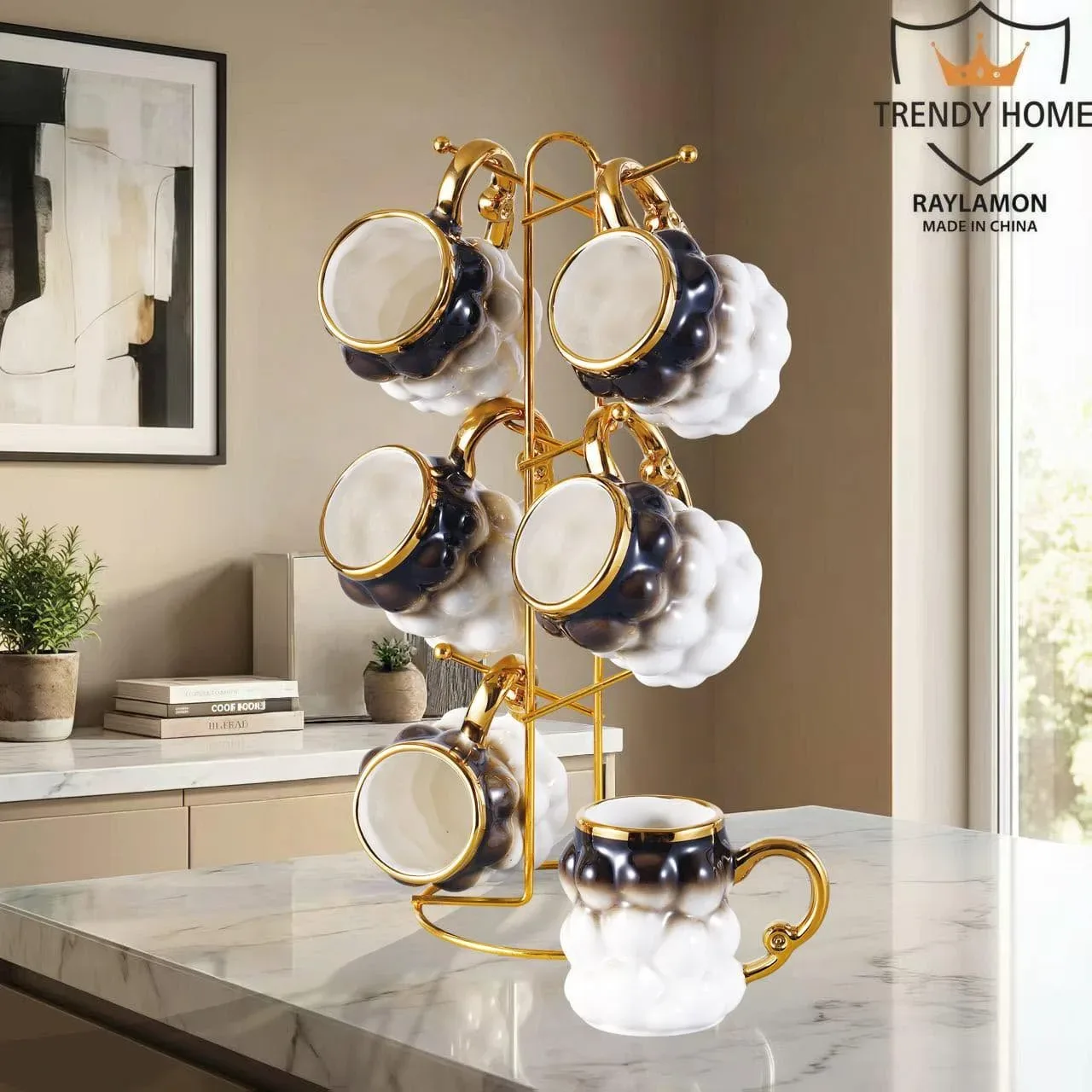 Ceramic Coffee Cups Set with Gold Stand