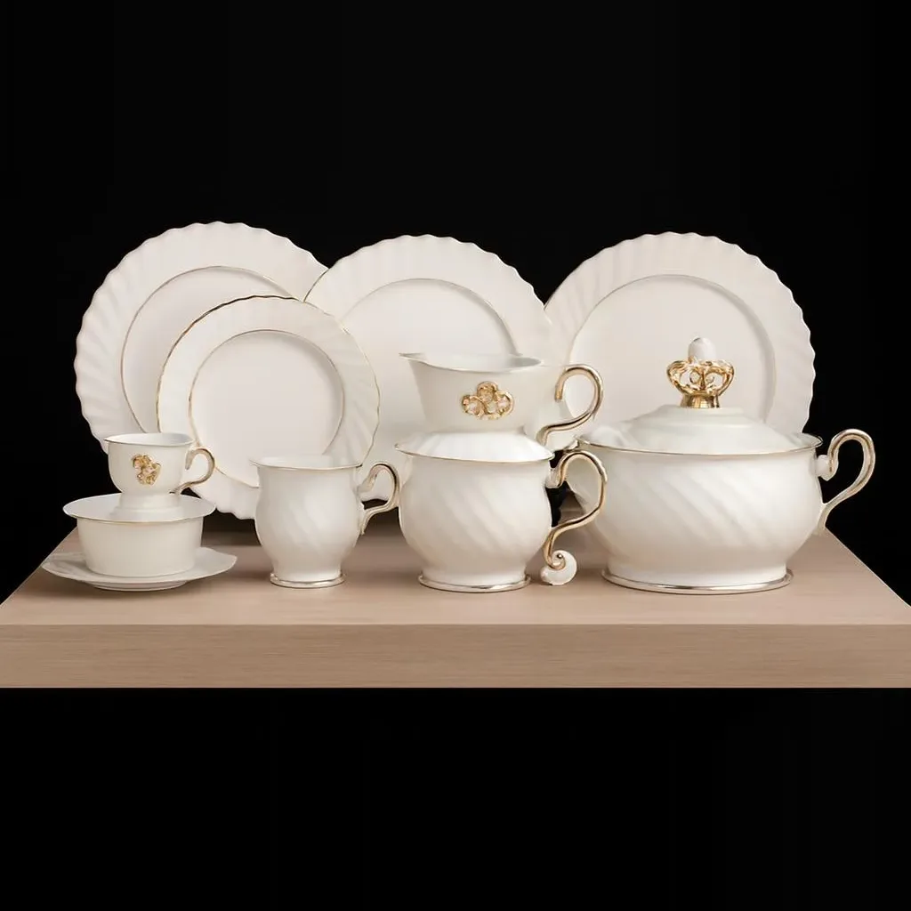 White Porcelain Dinner Set with Gold Trim