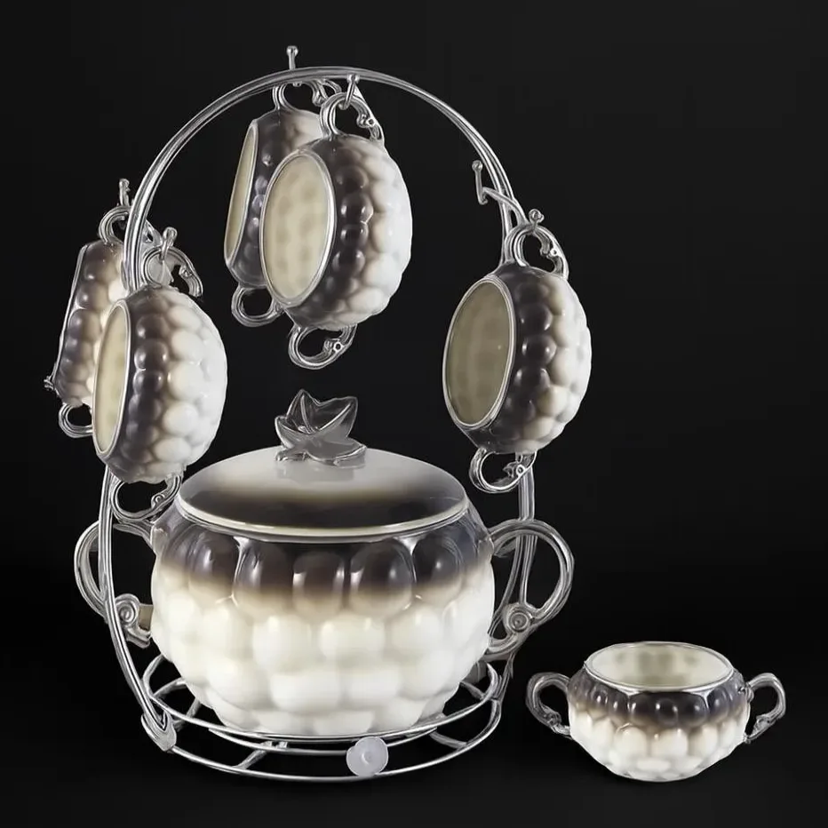Ceramic Coffee Cup Set with Metal Stand