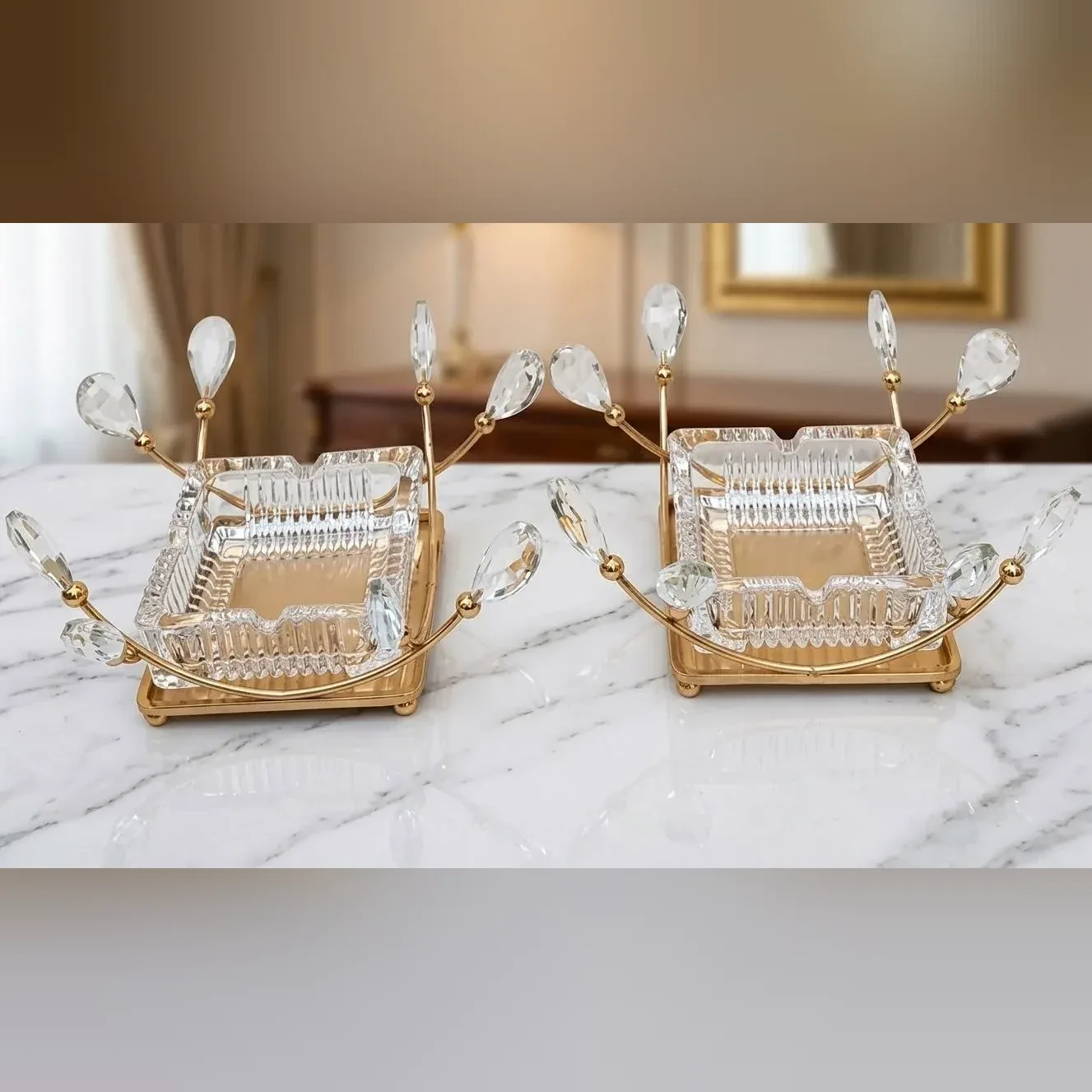 Crystal Glass Ashtray with Gold Stand