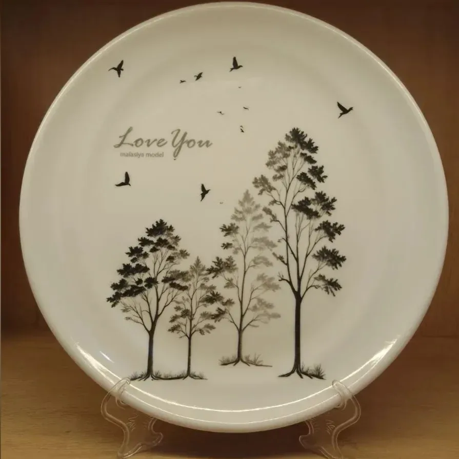 White Ceramic Dinner Plate with Tree Print