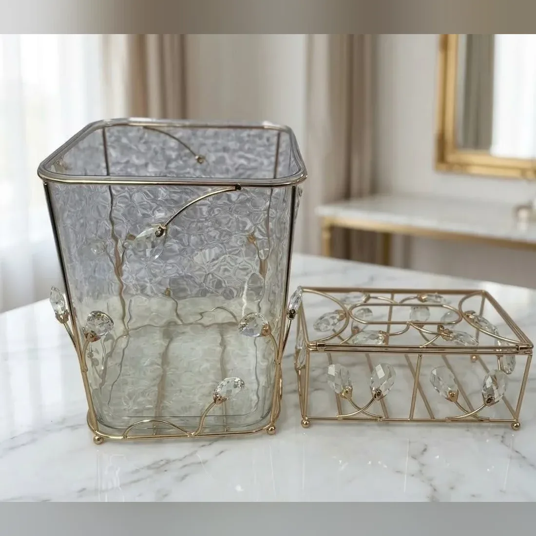 Gold Wastebasket and Tissue Box Set