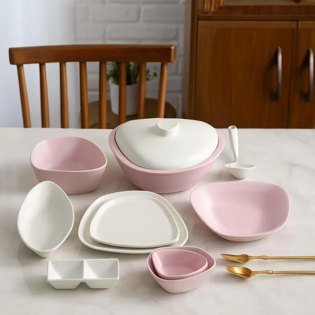 Pink and white dinnerware set