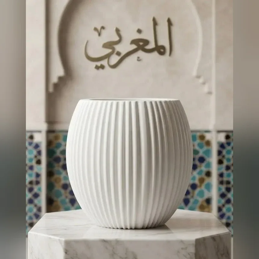 White Ribbed Round Vase