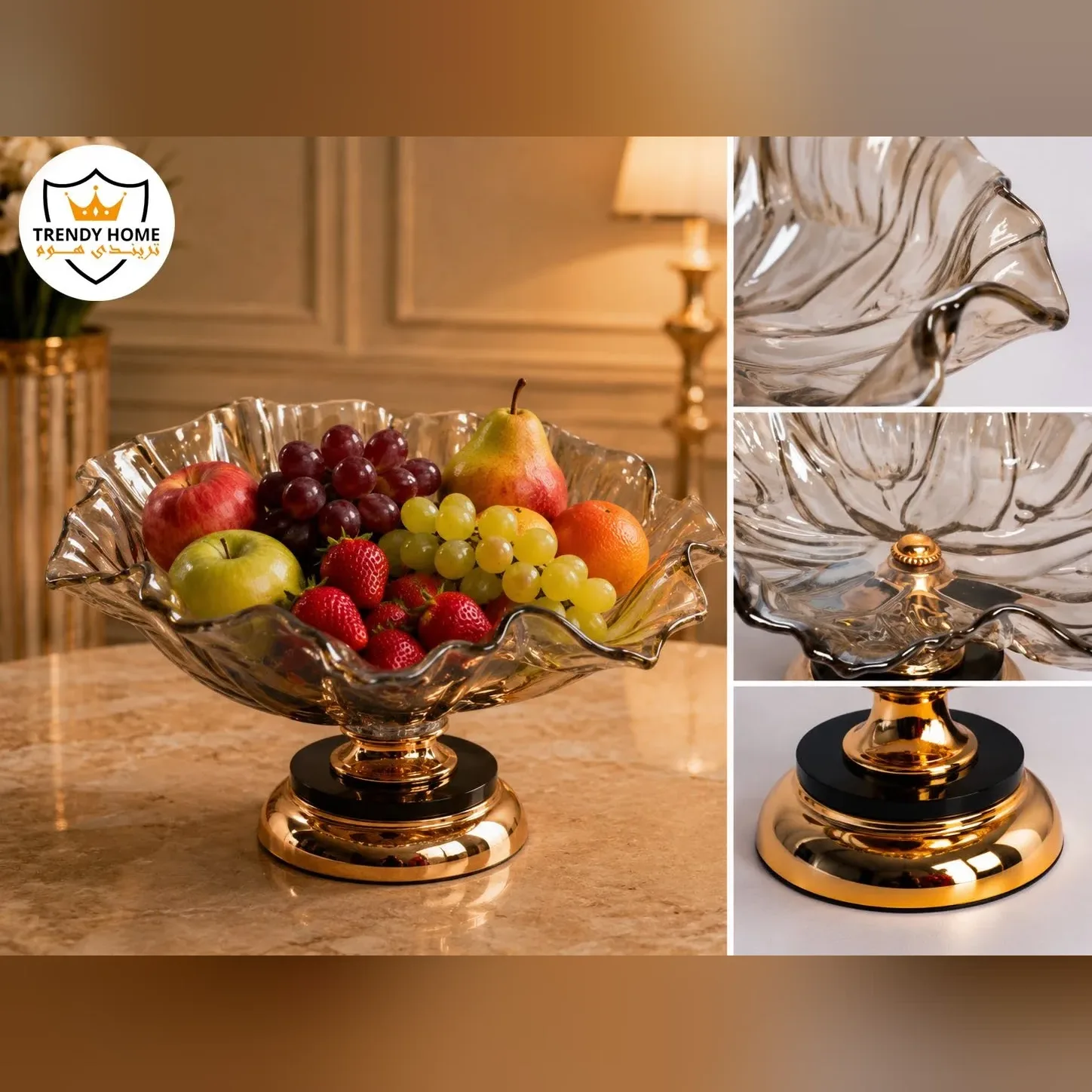 Glass Fruit Bowl with Gold Pedestal
